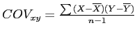 \(COV_{xy} = \frac{\sum{(X - \overline{X})(Y - \overline{Y})}}{n - 1}\)
