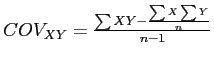 \(COV_{XY} = \frac{\sum{XY} - \frac{\sum{X}\sum{Y}}{n}}{n - 1}\)