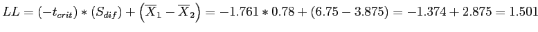 \(LL = \left(-t_{crit}\right)*\left(S_{dif}\right) + \left(\overline{X}_1 - \ove...

...X}_2\right) = -1.761*0.78 + \left(6.75 - 3.875\right) = -1.374 + 2.875 = 1.501\)