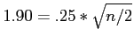 \(1.90 = .25 * \sqrt{n/2}\)