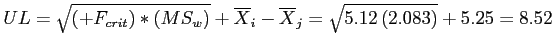 \(UL = \sqrt{\left(+F_{crit}\right)*\left(MS_{w}\right)} + \overline{X}_{i} - \overline{X}_{j} = \sqrt{5.12\left(2.083\right)} + 5.25 = 8.52\)