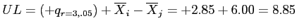 \(UL = \left(+q_{r=3,.05}\right) + \overline{X}_{i} - \overline{X}_{j} = +2.85 + 6.00 = 8.85\)