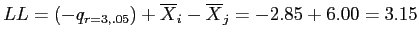 \(LL = \left(-q_{r=3,.05}\right) + \overline{X}_{i} - \overline{X}_{j} = -2.85 + 6.00 = 3.15\)