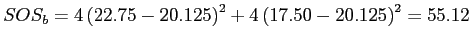 \(SOS_{b} = 4\left(22.75 - 20.125\right)^2 + 4\left(17.50 - 20.125\right)^2 = 55.12\)
