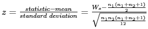 \(z = \frac{statistic - mean}{standard\ deviation} = \frac{W_{s} - \frac{n_{1}\l...

...1}+n_{2}+1\right)}{2}}{\sqrt{\frac{n_{1}n_{2}\left(n_{1}+n_{2}+1\right)}{12}}}\)