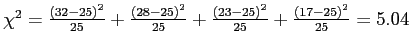 \(\chi^2 = \frac{\left(32 - 25\right)^2}{25} + \frac{\left(28 - 25\right)^2}{25} + \frac{\left(23 - 25\right)^2}{25} + \frac{\left(17 - 25\right)^2}{25} = 5.04\)