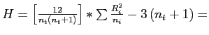 \(H = \left[\frac{12}{n_{t}\left(n_{t}+1\right)}\right]*\sum{\frac{R_{i}^2}{n_{i}}} - 3\left(n_{t}+1\right) =\)